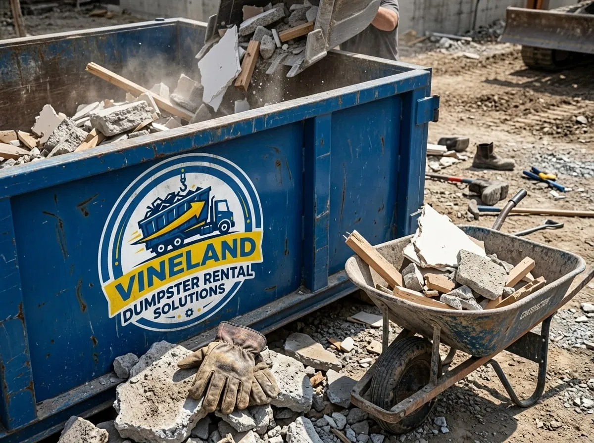 Worker managing a commercial roll-off dumpster at a Vineland NJ loading dock
