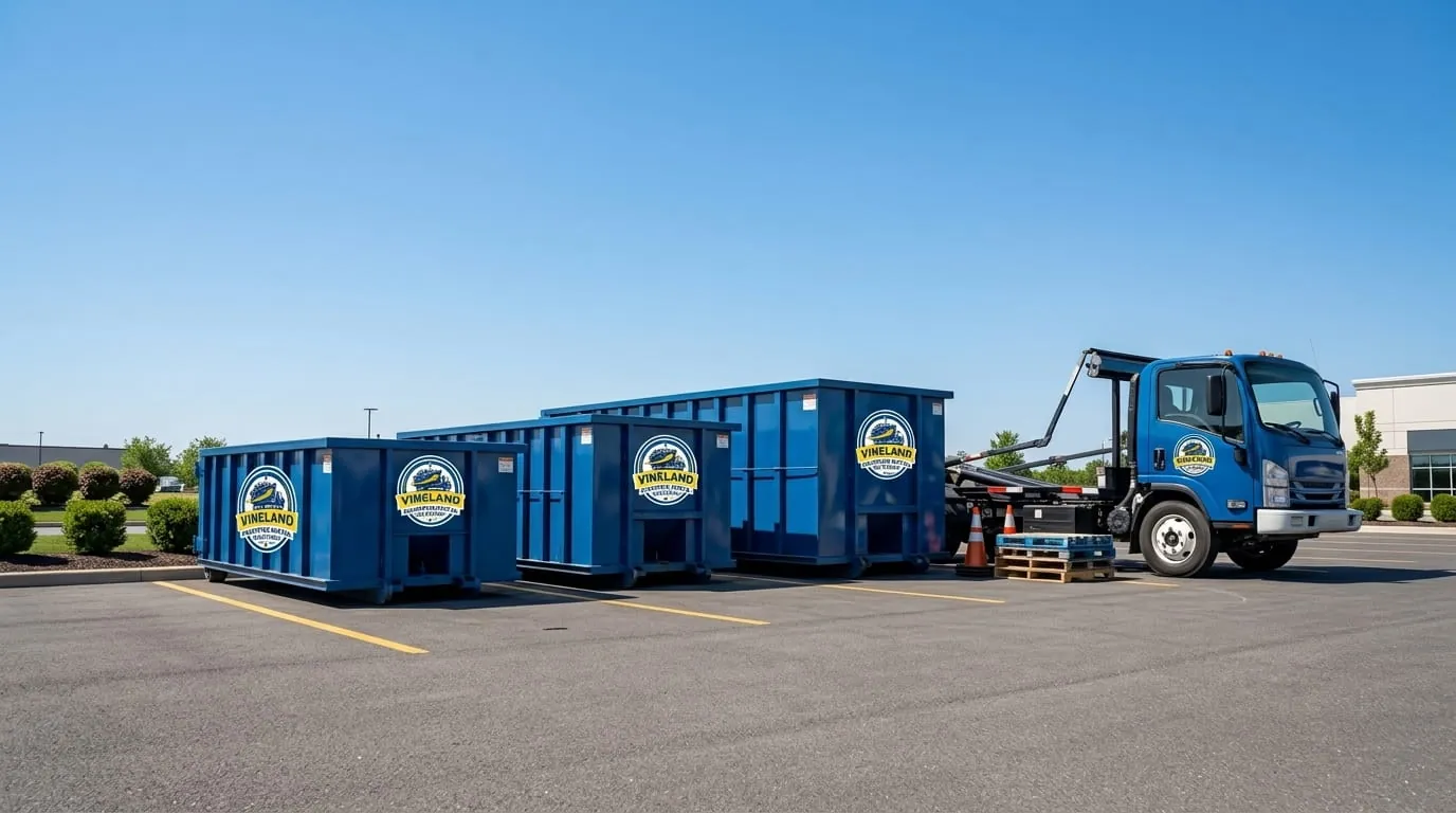 Roll-off construction dumpster being loaded onto a Vineland Dumpster Rental Solutions truck