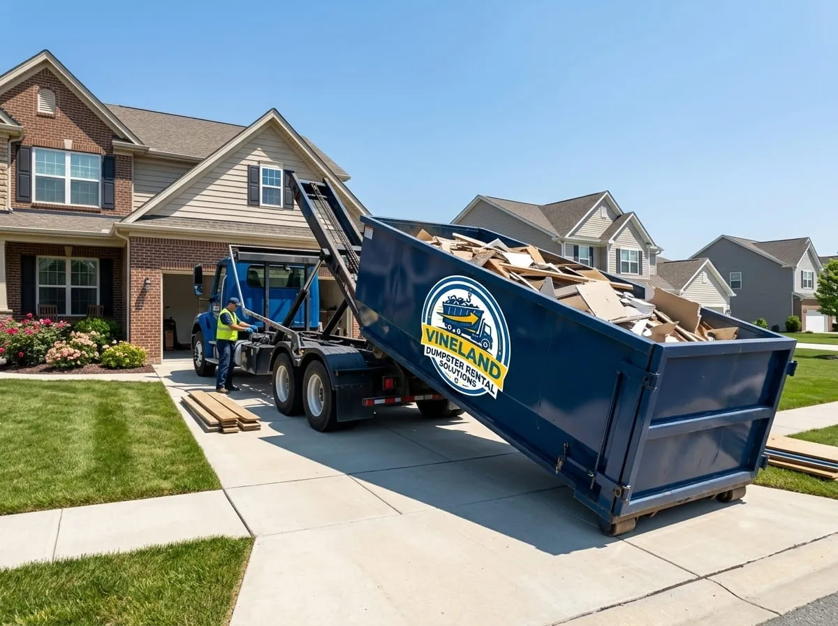 Vineland Dumpster Rental Solutions team member beside a roll-off dumpster in Vineland, NJ